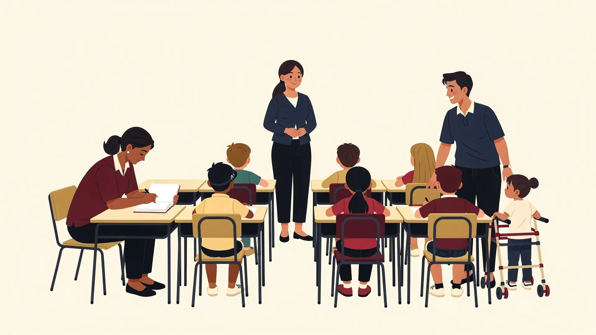 Ilustração de sala com professora e dois adultos de apoio, um deles ao lado de criança com andador: acompanhante terapêutico e apoio escolar.