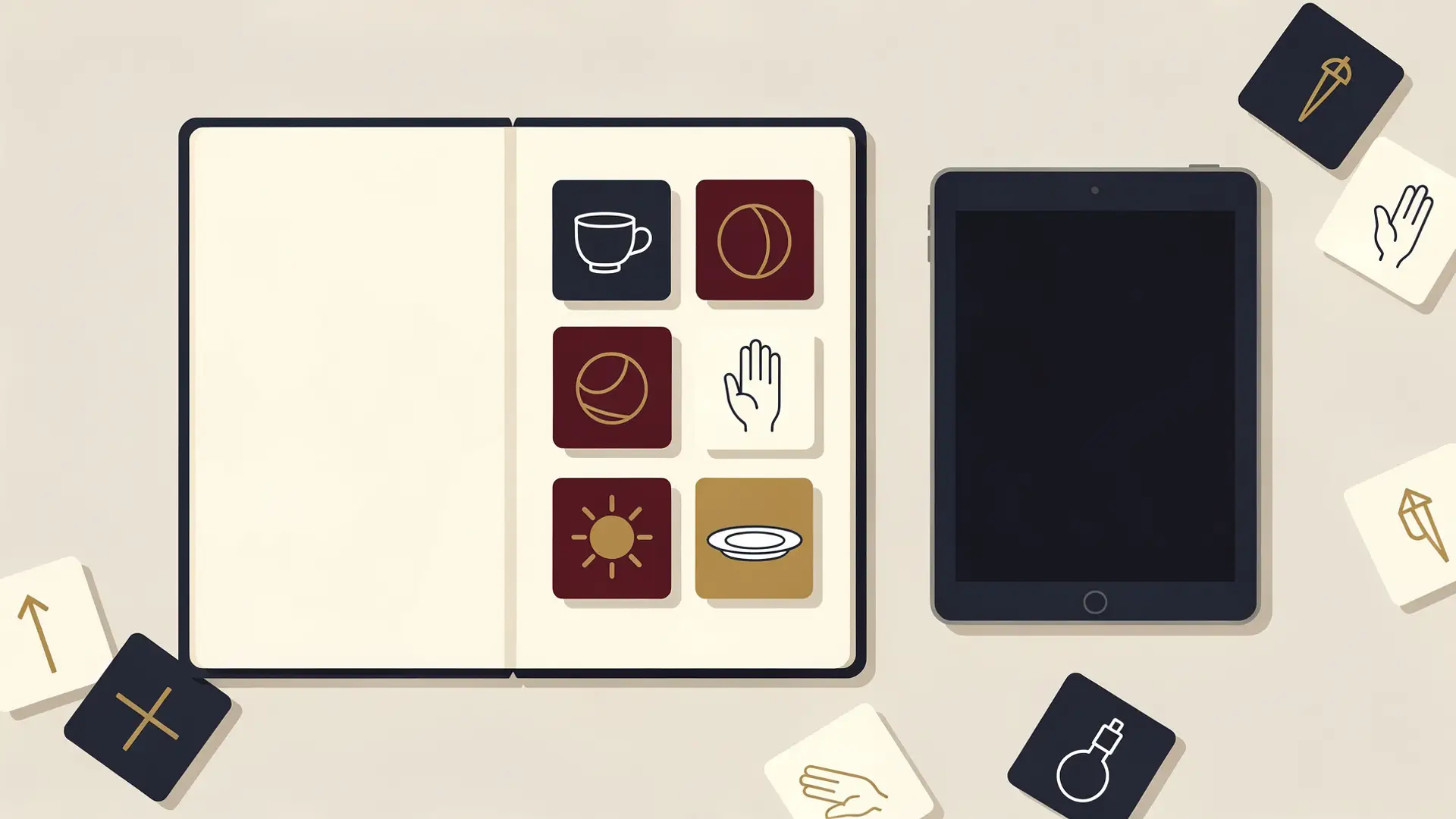 Ilustração de prancha de comunicação com figuras de copo, bola, mão, sol e prato ao lado de um tablet, recurso de atividades para autistas não verbais