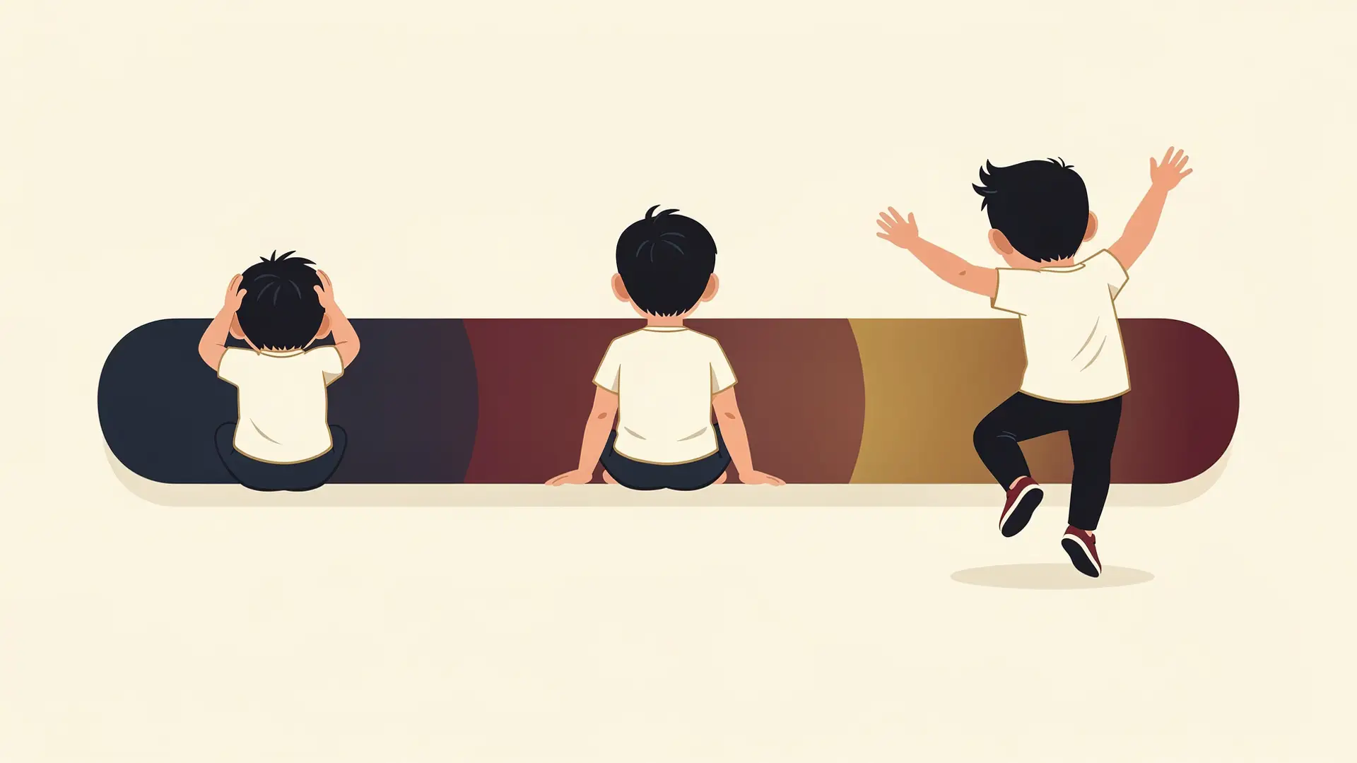 Ilustração de três crianças de costas, uma tapando os ouvidos, outra calma e outra pulando, base de atividades sensoriais para autistas