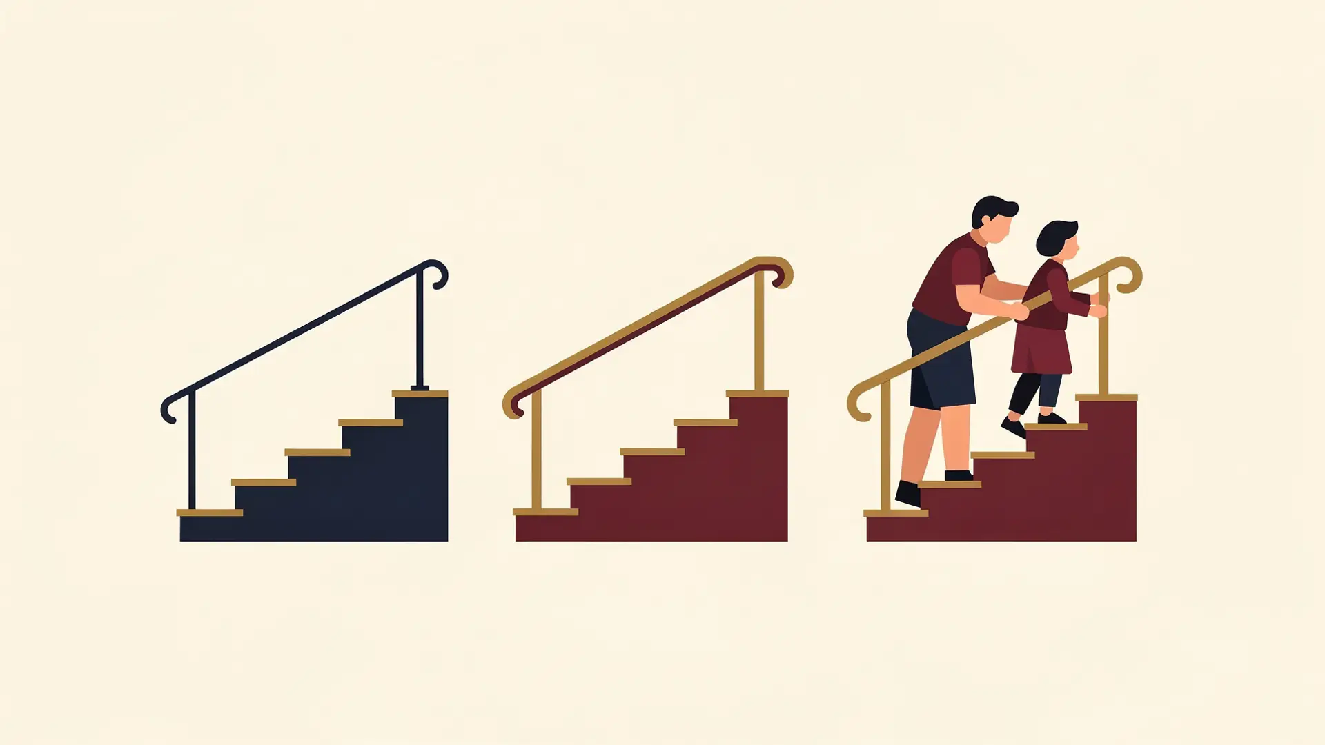 Ilustração de três escadas com apoios diferentes, a última com um adulto ajudando uma criança, comparando o autismo nível 1 de suporte.