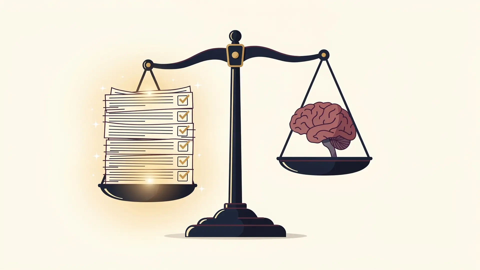 Balança com uma pilha de exercícios corrigidos de um lado e um cérebro do outro, ilustrando os impactos da inteligência artificial na educação