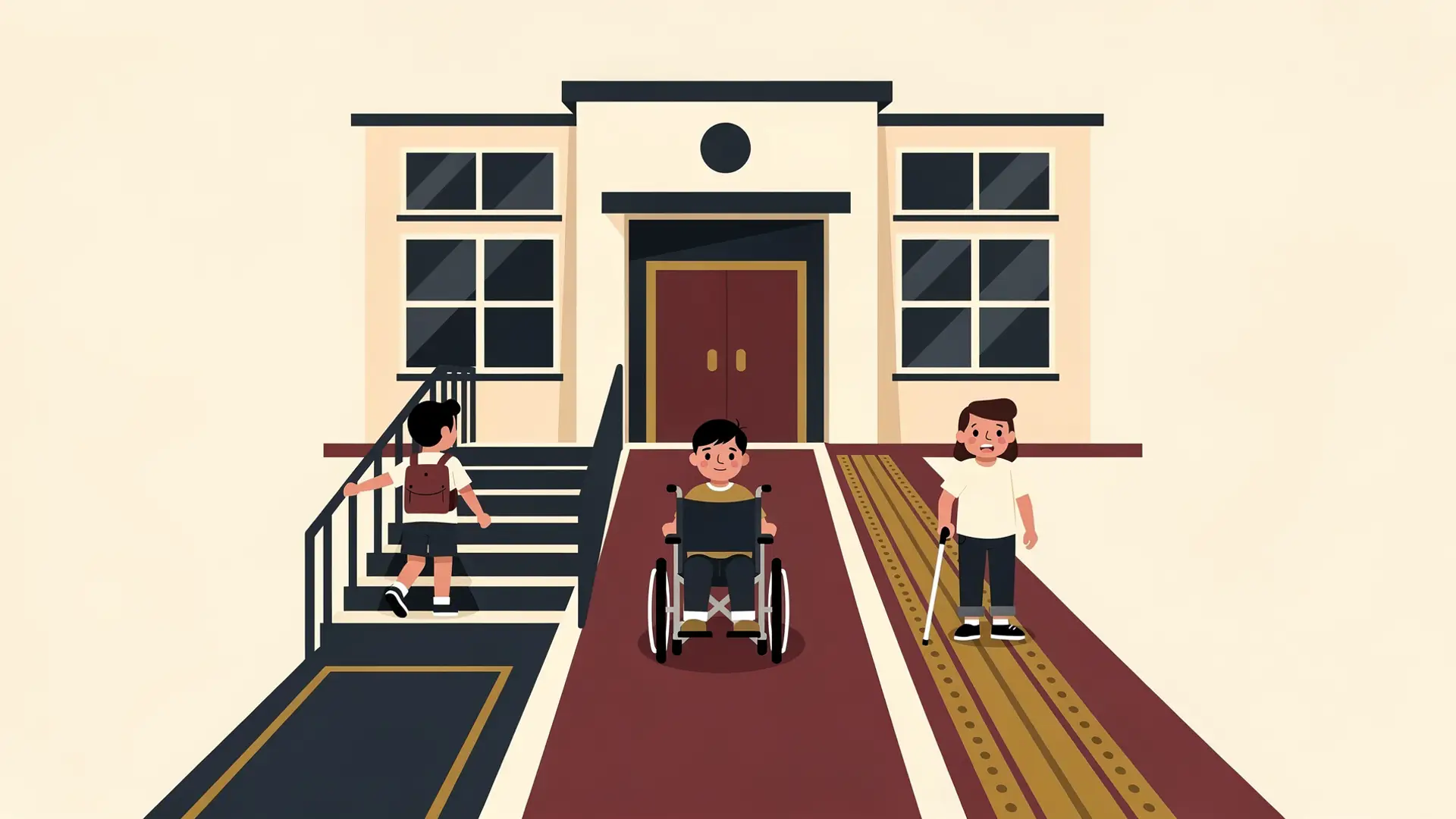 Ilustração de entrada de escola com escada, rampa e piso tátil levando à mesma porta, símbolo da inclusão escolar para todas as crianças.