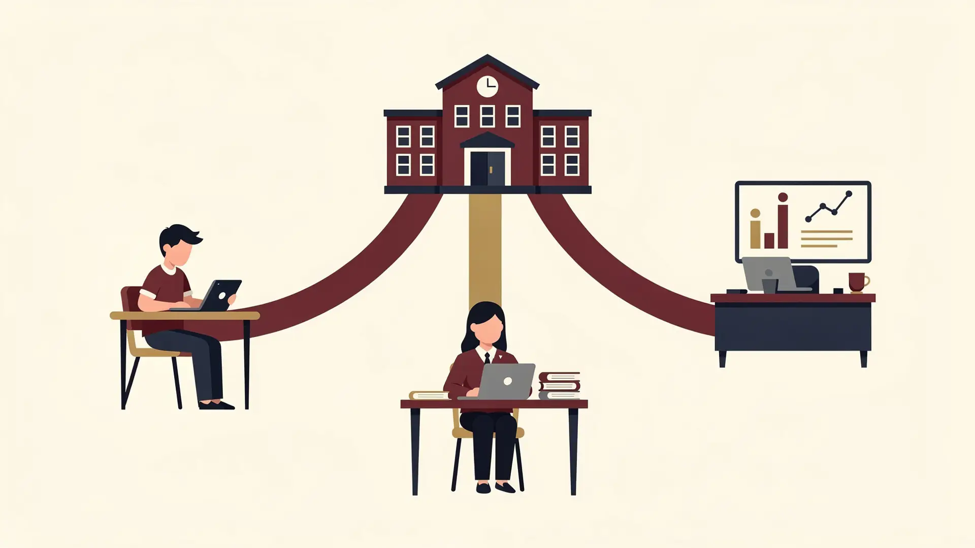 Ilustração de uma escola ligada a um aluno com tablet, uma professora no notebook e à gestão: inteligência artificial na educação.
