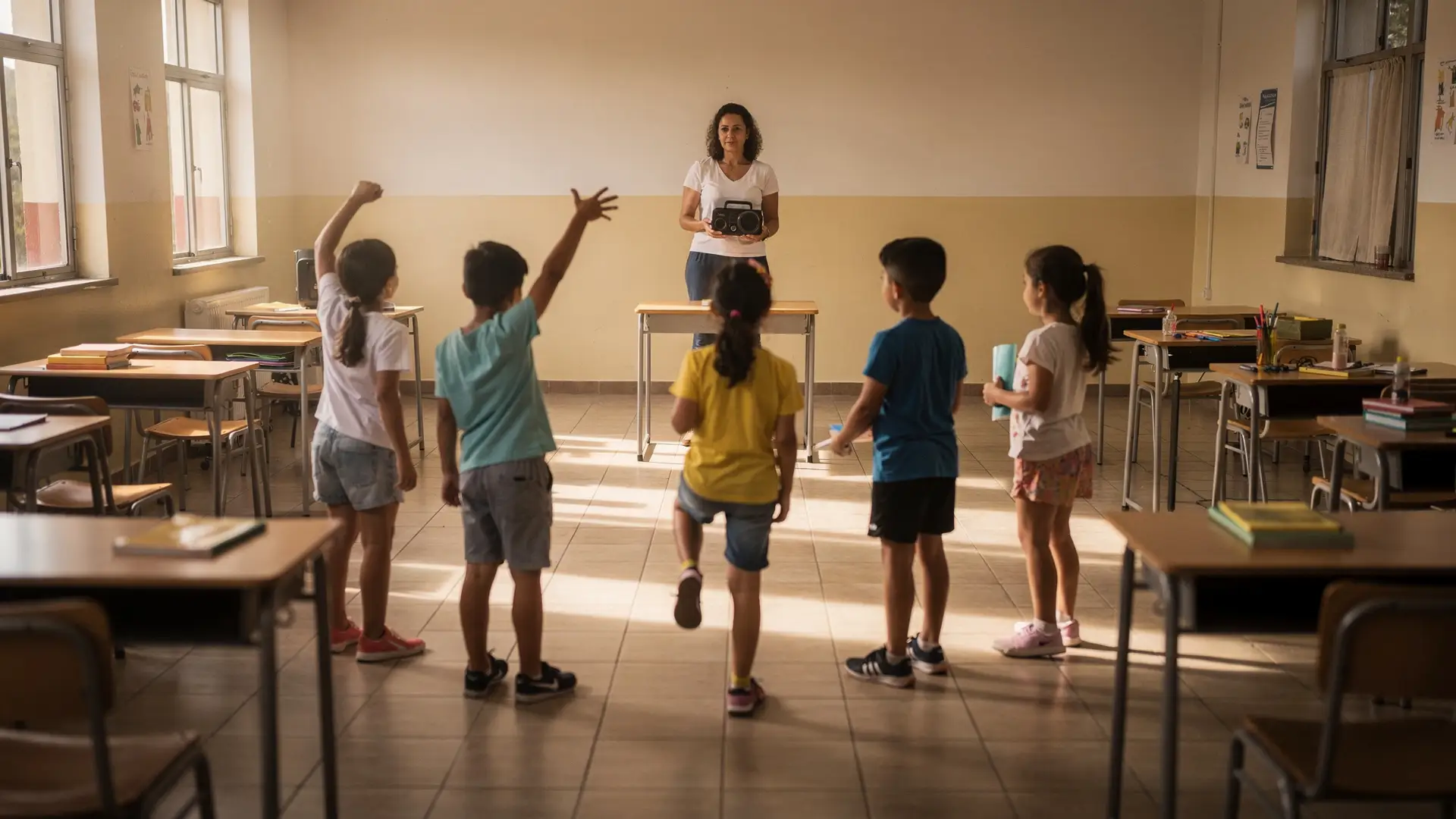 Crianças vistas de costas param como estátuas no meio da sala enquanto a professora segura uma caixa de som, um dos jogos para funções executivas