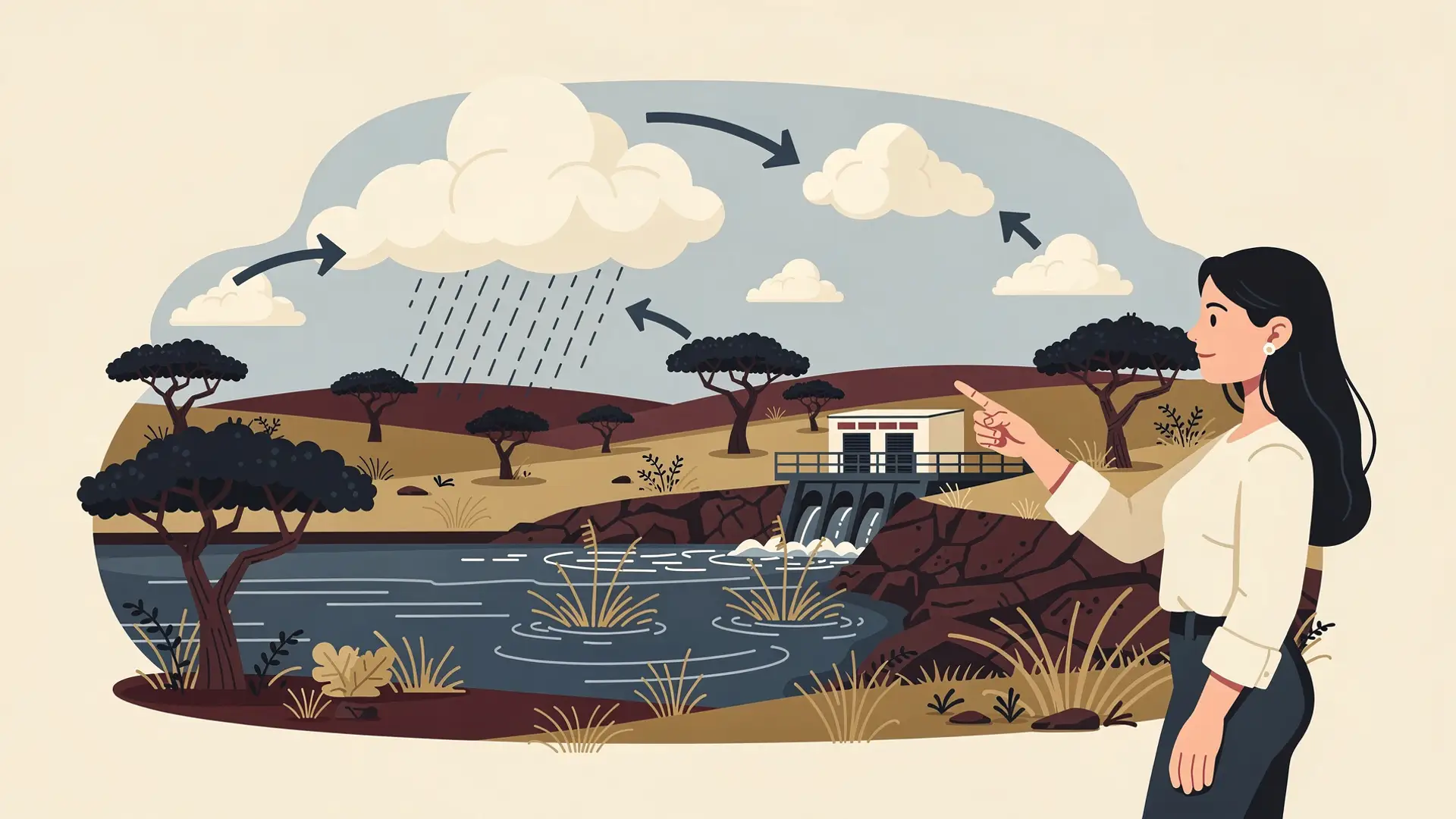 Ilustração do ciclo da água no cerrado com rio, chuva e usina hidrelétrica e uma professora apontando, tema de plano de aula com IA.
