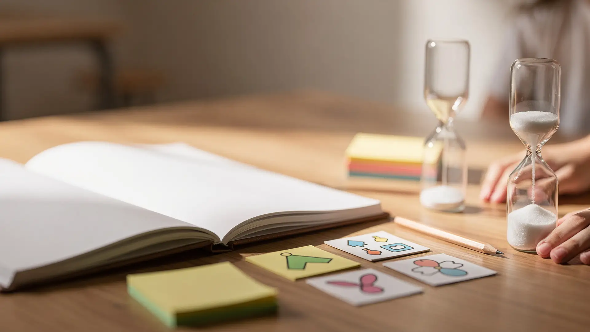 Caderno aberto, cartões de pictogramas, post-its e ampulhetas sobre a mesa, materiais para registrar o relatório de aluno autista.