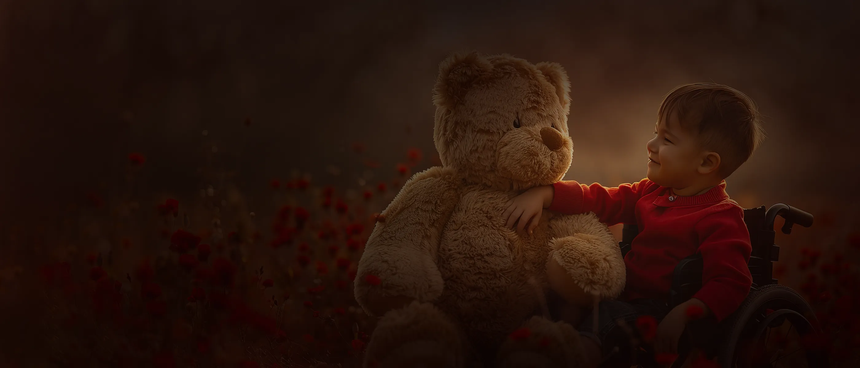 Criança em cadeira de rodas abraçando um urso de pelúcia em campo de papoulas