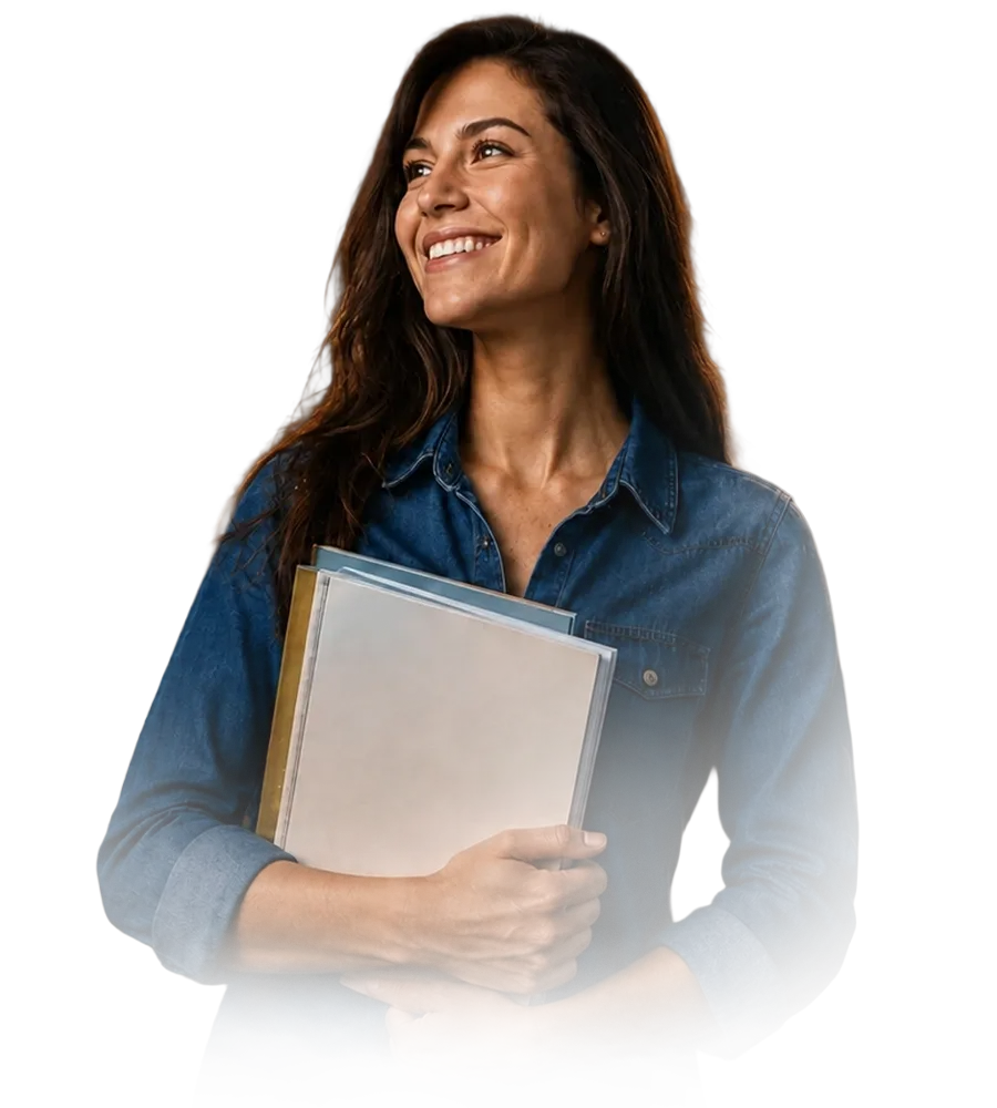 Educadora sorrindo com materiais nos braços