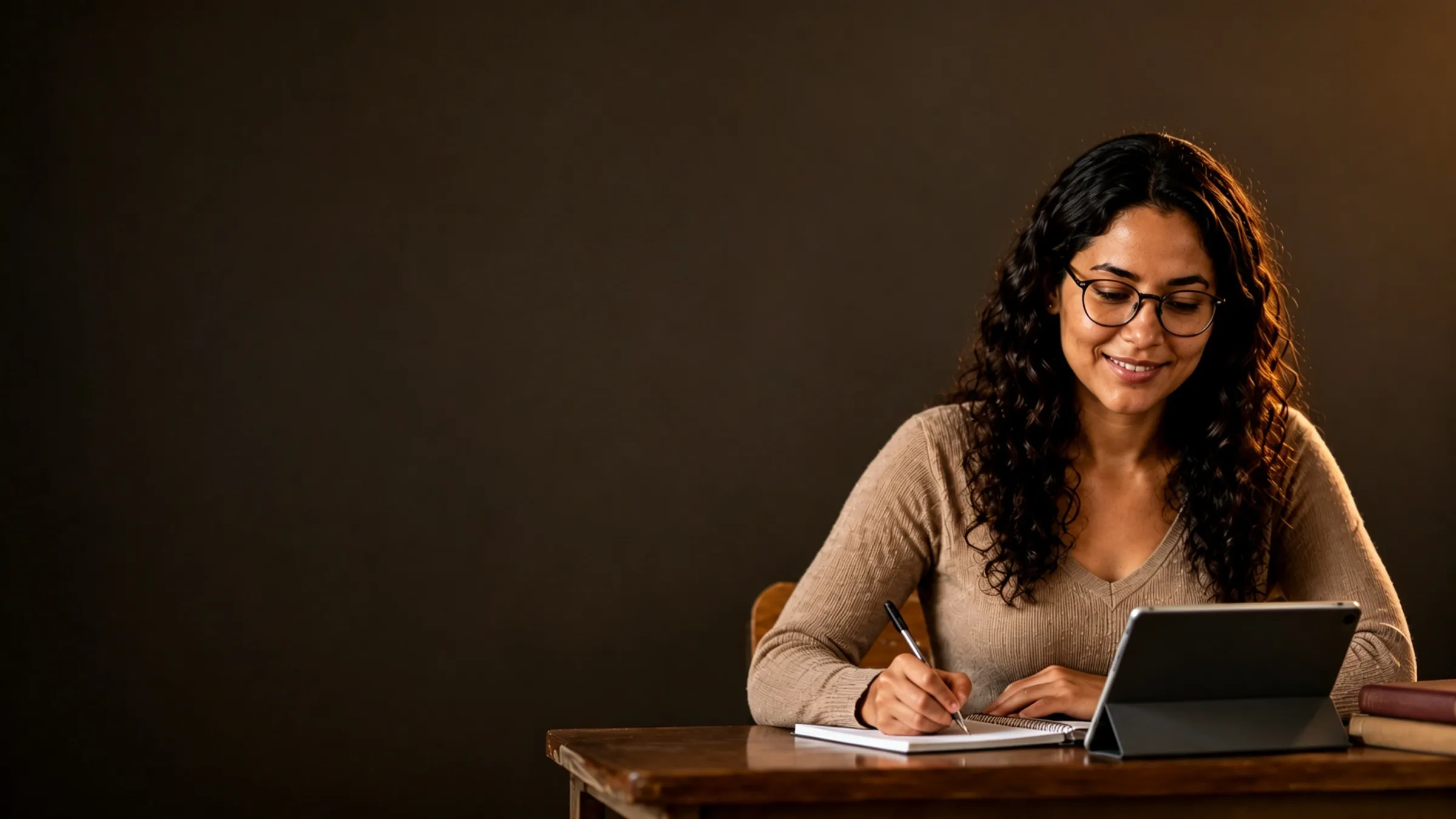 Professora estudando à mesa com caderno e tablet