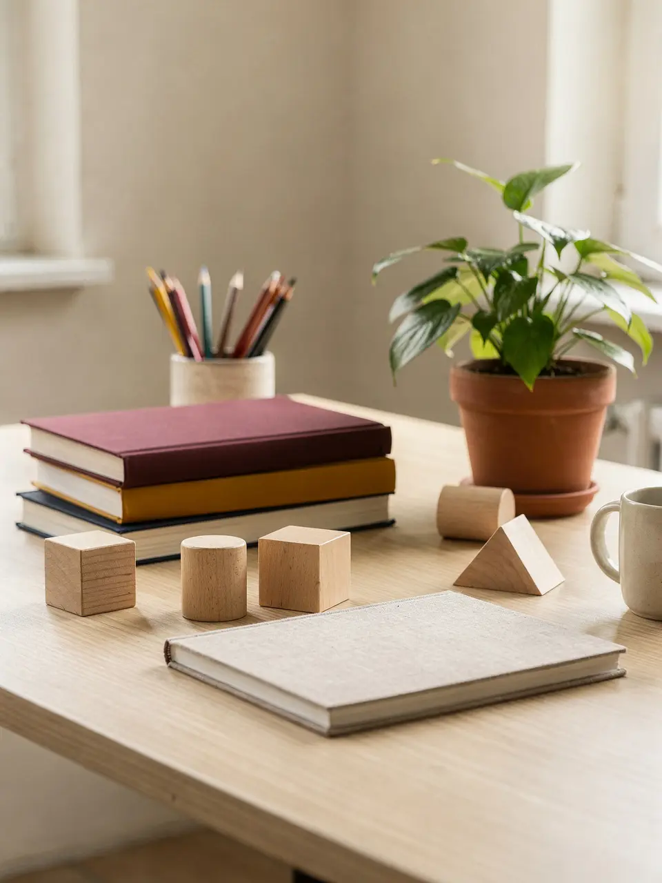 Mesa da coordenação pedagógica com livros, caderno, blocos geométricos de madeira, lápis de cor e uma planta, iluminada pela janela