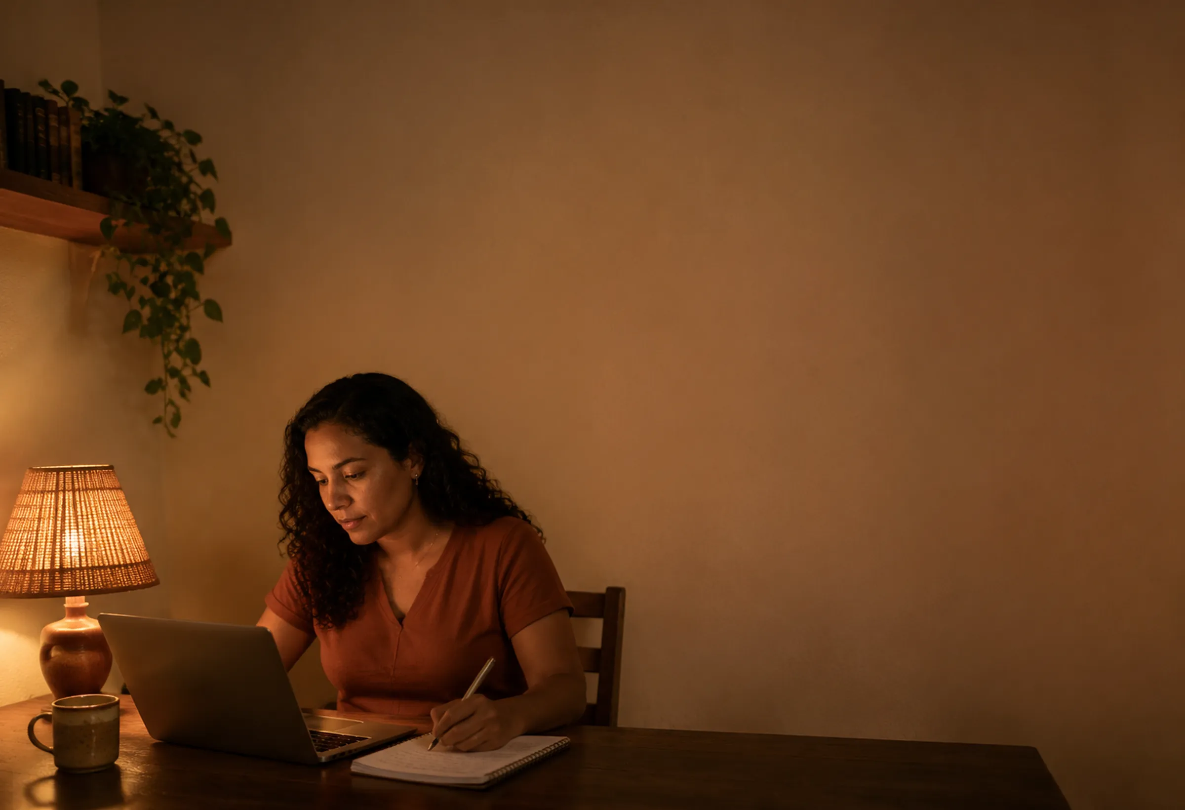 Professora estudando à noite com notebook e caderno